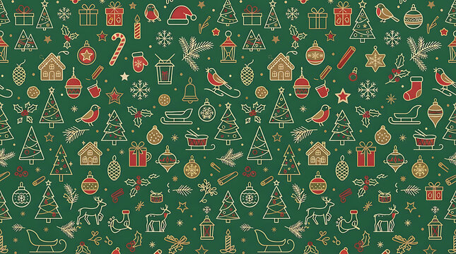 Fine line Christmas and winter elements seamless pattern dark green gift wrap texture