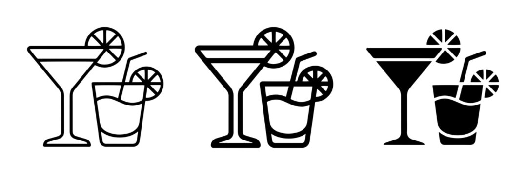 Cocktail icon set for bar and restaurant menu outline, solid and color styles, white background
