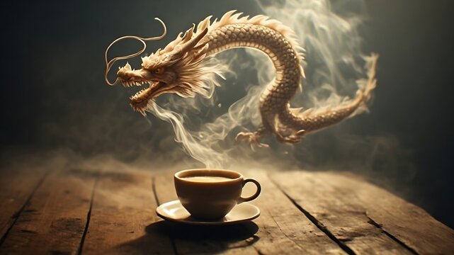 Majestic golden dragon formed from hot coffee steam swirling above wooden table
