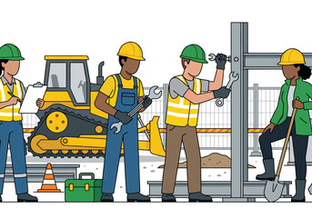 Fototapeta premium Construction Crew Working on Site with Bulldozer and Equipment
