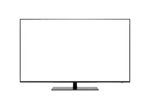 Modern flat screen TV on black stand displaying blank screen