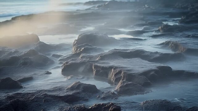 Ethereal coastal land creation with mist rising from dark rocks
