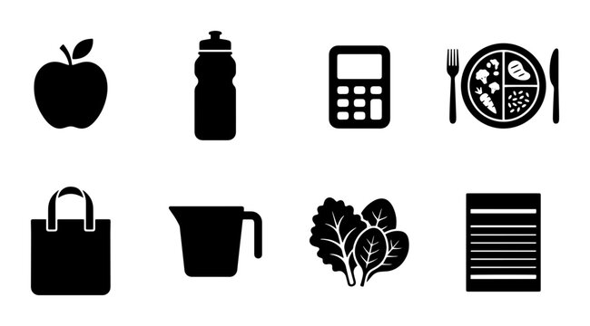 Healthy Lifestyle Icons for Diet and Nutrition Planning, Silhouette Style