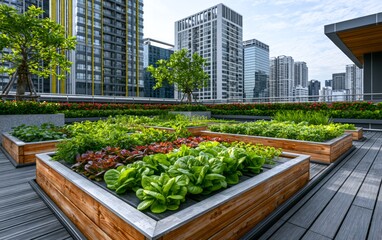 Fototapeta premium Urban Rooftop Farm with Vibrant Vegetables and Lush Greenery in City Landscape