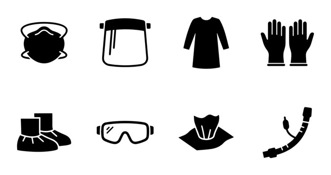 8 Personal Protective Equipment linear icon set mask, face shield, gown, gloves, boots, goggles, respirator