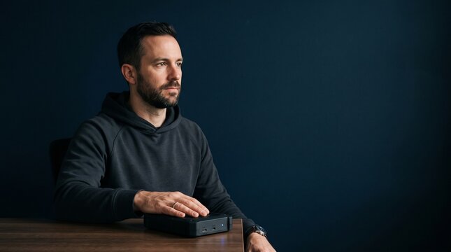 Man in hoodie with beard touching a small black electronic device on a wooden desk