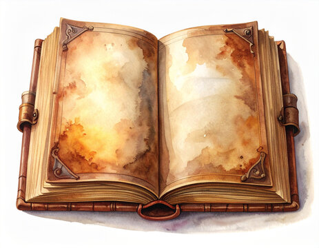 水彩画風の古い開いた本のイラスト/Watercolor illustration of an old open book with blank pages