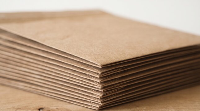 Stack of brown paper envelopes on a wooden surface