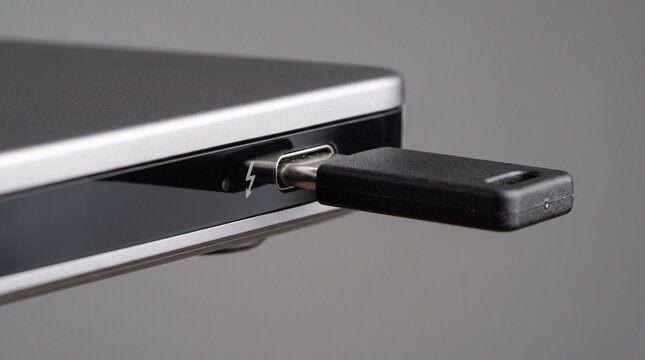 Close up of a USB C cable plugged into a Thunderbolt port on a laptop