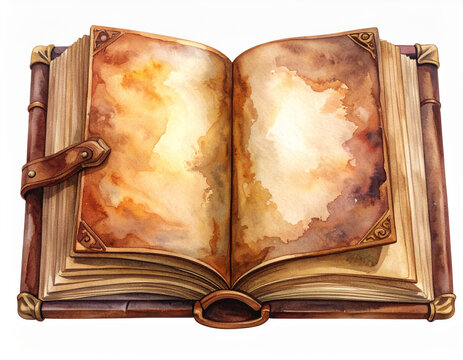水彩画風の古い開いた本のイラスト/Watercolor illustration of an old open book with blank pages