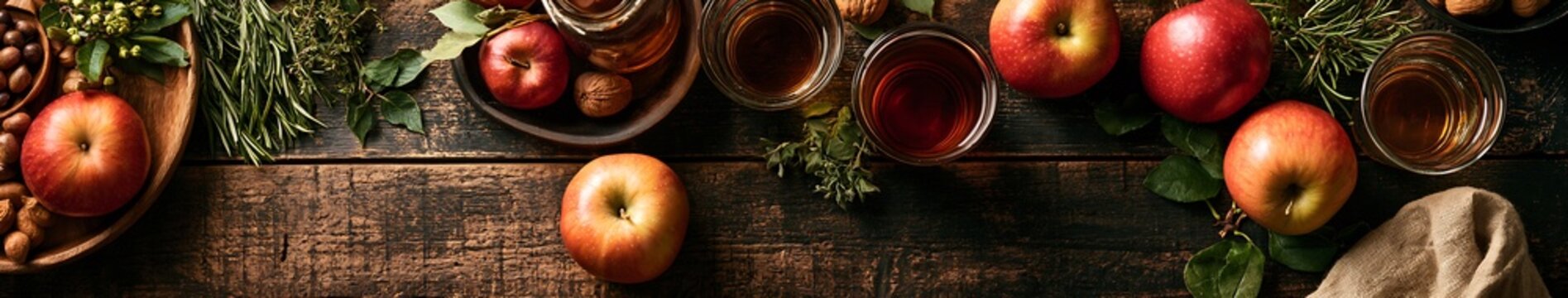 Autumn apples, fresh herbs and glasses of cider on a rustic wooden table
