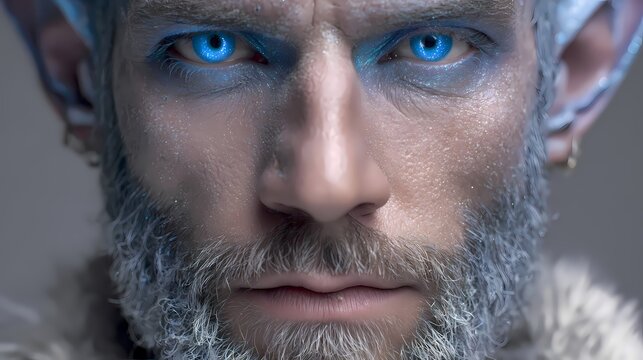 Man with blue eyes and beard looks into camera.