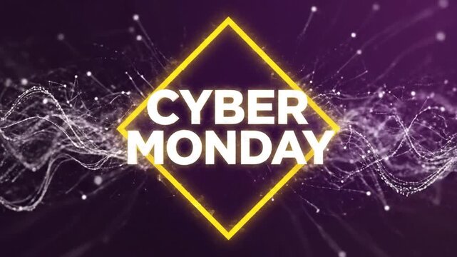 Yellow Cyber Monday text inside diamond on purple background