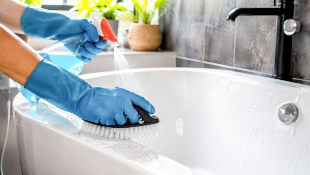 Hands wearing blue gloves scrubbing a white bathtub with a cleaning brush and spray bottle, with plants and a faucet in the background.