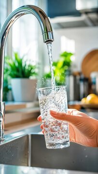 Fresh, clear water pouring from a stainless steel faucet into a transparent glass held by a person's hand. The scene is set in a modern kitchen with green plants in the background.