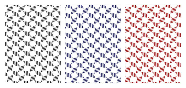 Set of three geometric seamless patterns with striped diamond motifs in black, navy blue, and burgundy red. Modern abstract vector backgrounds for textile, wrapping, or wallpaper