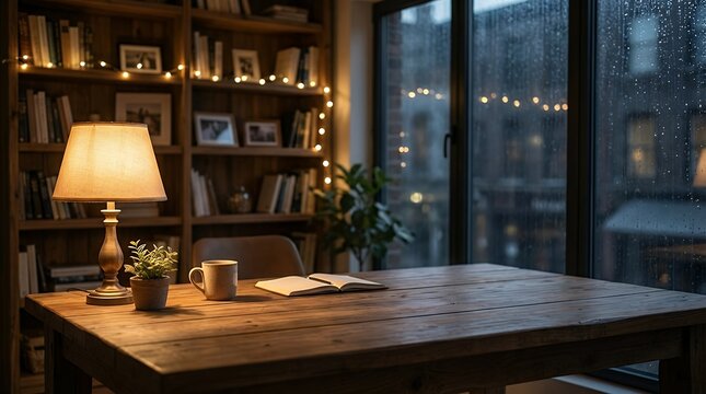 A cozy and inviting home office scene at night featuring a wooden table with copy space illuminated by the warm dim light of a table lamp with a bookshelf in the background. cozy home office office
