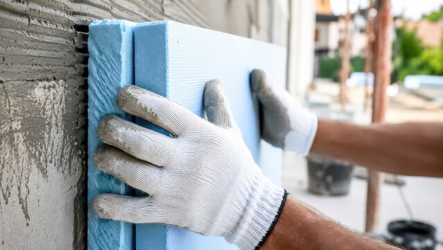 Close up of a construction worker installing insulation board on the exterior wall of a building