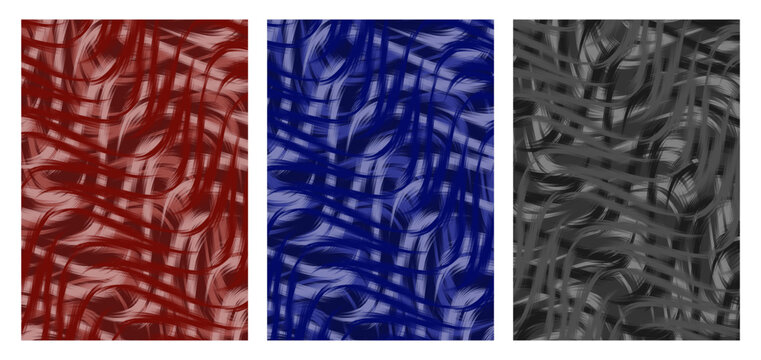 Set of three abstract patterns with interlocking wavy brush strokes in red, navy blue, and charcoal grey. Dynamic textured backgrounds for modern textile, fabric, or wallpaper designs