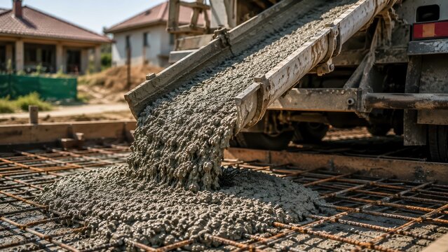 Concrete truck pouring cement onto a construction site with rebar in the foreground and houses in the background