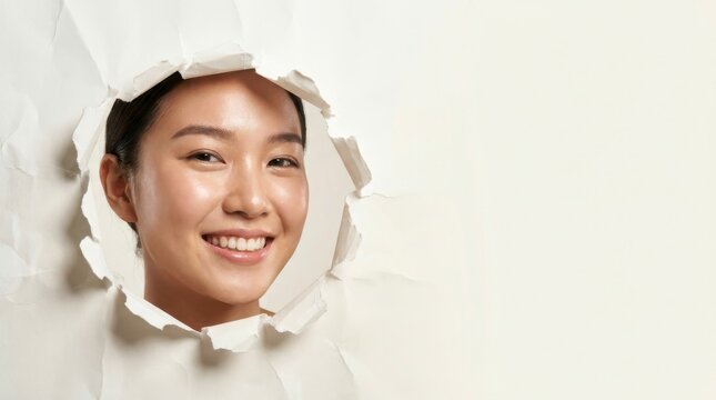 Smiling Asian woman peeking through torn paper. Happy girl looking out of a hole in wall.