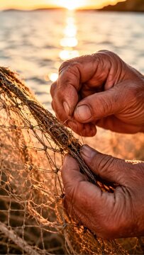Close-up of a fisherman's weathered hands mending a fishing net at sunset, with the warm glow of the setting sun reflecting on the calm sea