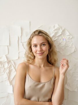 Portrait of a beautiful young woman. Natural beauty with blonde hair against paper wall.