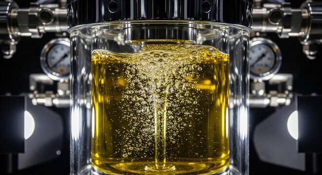 Industrial brewing process with golden liquid bubbling inside stainless steel fermentation tank