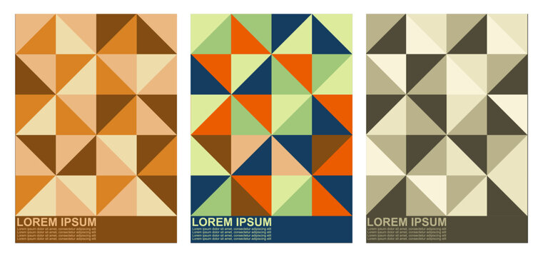 Set of three retro geometric posters with colorful triangle mosaic pattern. Abstract vector design in warm brown, multi color, and monochrome tones with Lorem Ipsum text placeholders.