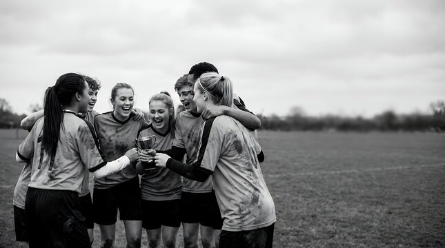 Portrait of a Youthful Soccer Team Celebrating a Victory Together Posing as a Group Black and White graphy Style. soccer football team players athletes sport victory win celebration happy excited