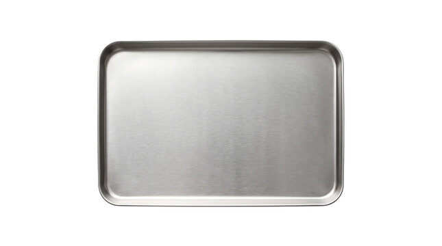 Stainless steel baking sheet isolated on white, professional aluminum oven tray for cooking, empty metallic kitchen pan with rounded corners
