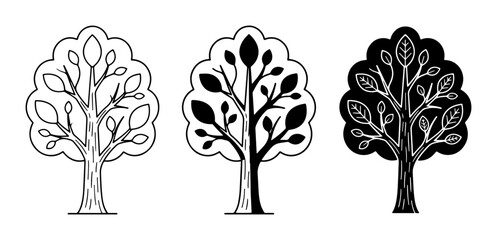 3 Tree Icons Outline Solid Silhouette Styles for Nature and Growth Concepts © Bundleart