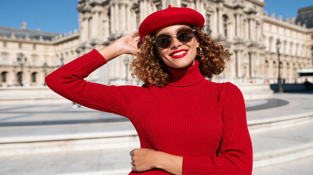 Young woman smiling while wearing red outfit and beret outdoors  