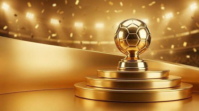 A luxurious golden football podium designed to award the winners and celebrate victory in a sports championship or tournament. gold golden football soccer podium winner trophy award victory champion