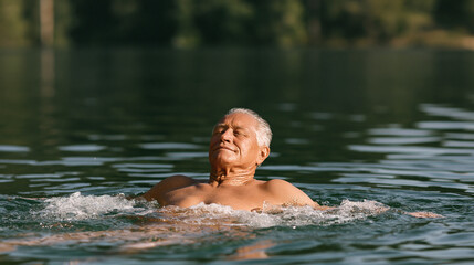 Fototapeta premium Elderly man swimming and relaxing in calm lake during summer 
