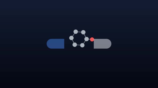 Abstract illustration of a molecular structure, possibly a benzene ring, connecting two capsule-like elements, one blue and one grey, against a dark background.