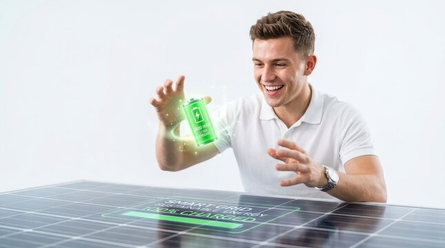 Man interacting with green holographic interface. Futuristic digital data visualization.