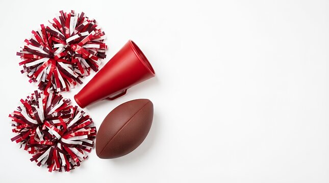 A composition representing college or high school football featuring red white and blue cheerleader pom poms and a red megaphone against a white background with a distinct football. college football