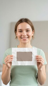Young woman holding a blank paper sign. Smiling girl showing empty placard for copy space.