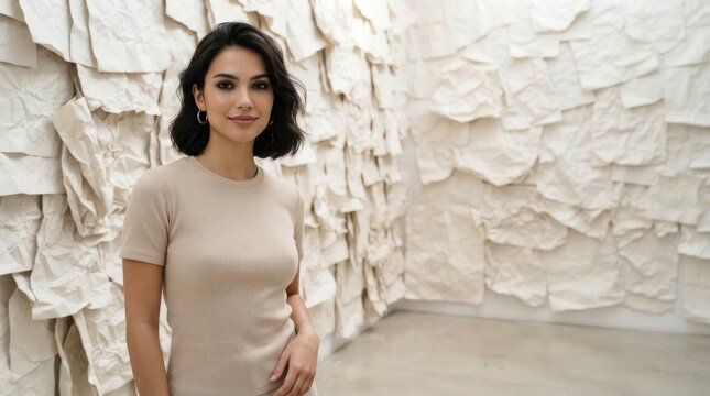 Young woman standing in art gallery. Portrait of a female visitor in a modern museum.
