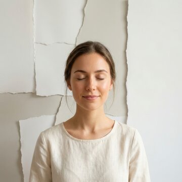 Young woman meditating with eyes closed. Peaceful girl practicing mindfulness and wellness.