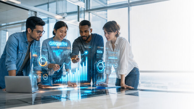 Startup team analyzing glowing augmented reality financial charts and growth data overlay in a modern office