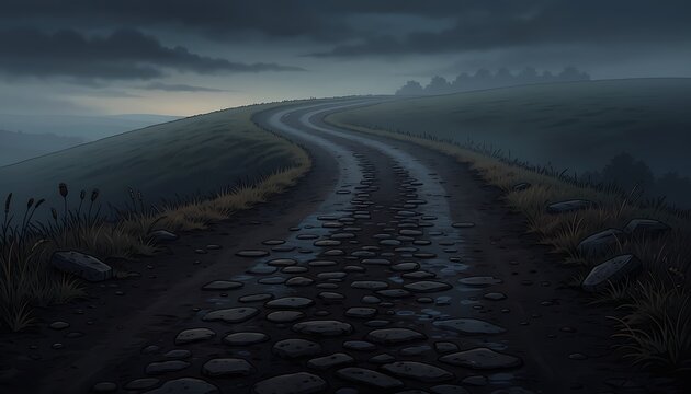 A winding dirt road with cobblestones ascends a misty hill disappearing into a dark foggy landscape conveying a sense of mystery and an uncertain journey