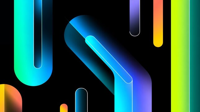 abstract neon gradient glowing diagonal and vertical capsule shapes on black background, futuristic geometric graphic wallpaper