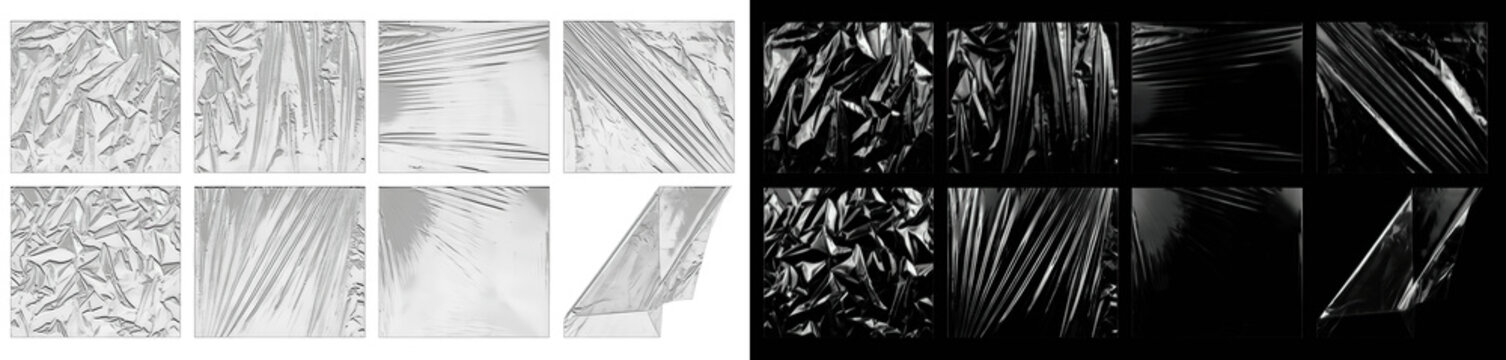 Crinkled plastic wrap texture collection, transparent glossy foil overlays with crumpled and stretched effects, set of isolated black and white cellophane elements for modern graphic design and