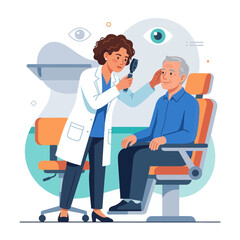 Fototapeta premium Ophthalmologist examining patient's eye with ophthalmoscope in a modern clinic, vector illustration
