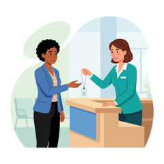 Fototapeta premium Receptionist hands ID badge to visitor at front desk, modern illustration, welcoming service concept