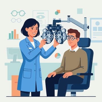 Optometrist performing eye exam with patient using phoropter, modern vector illustration.