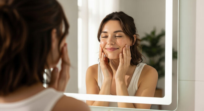 Young woman in bathroom touching face with hands in front of illuminated mirror reflecting her happy and content expression promoting skincare and self care beauty routine.