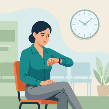 Woman impatiently checks her watch while waiting in a modern office or waiting room.